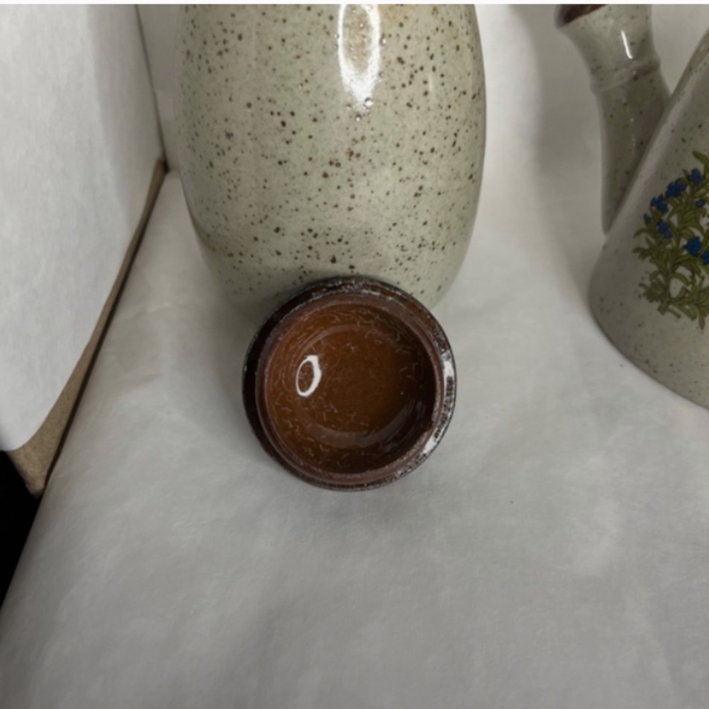 Vintage Takahashi Stoneware Gray Speckled 3 Pc Set with Blue Flowers Japan RARE - Picture 8 of 10